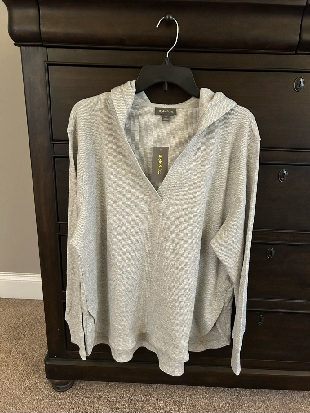 NWT Style & Co. Light Gray Hooded V-Neck Waffle Pullover Top Shirt Tunic XL